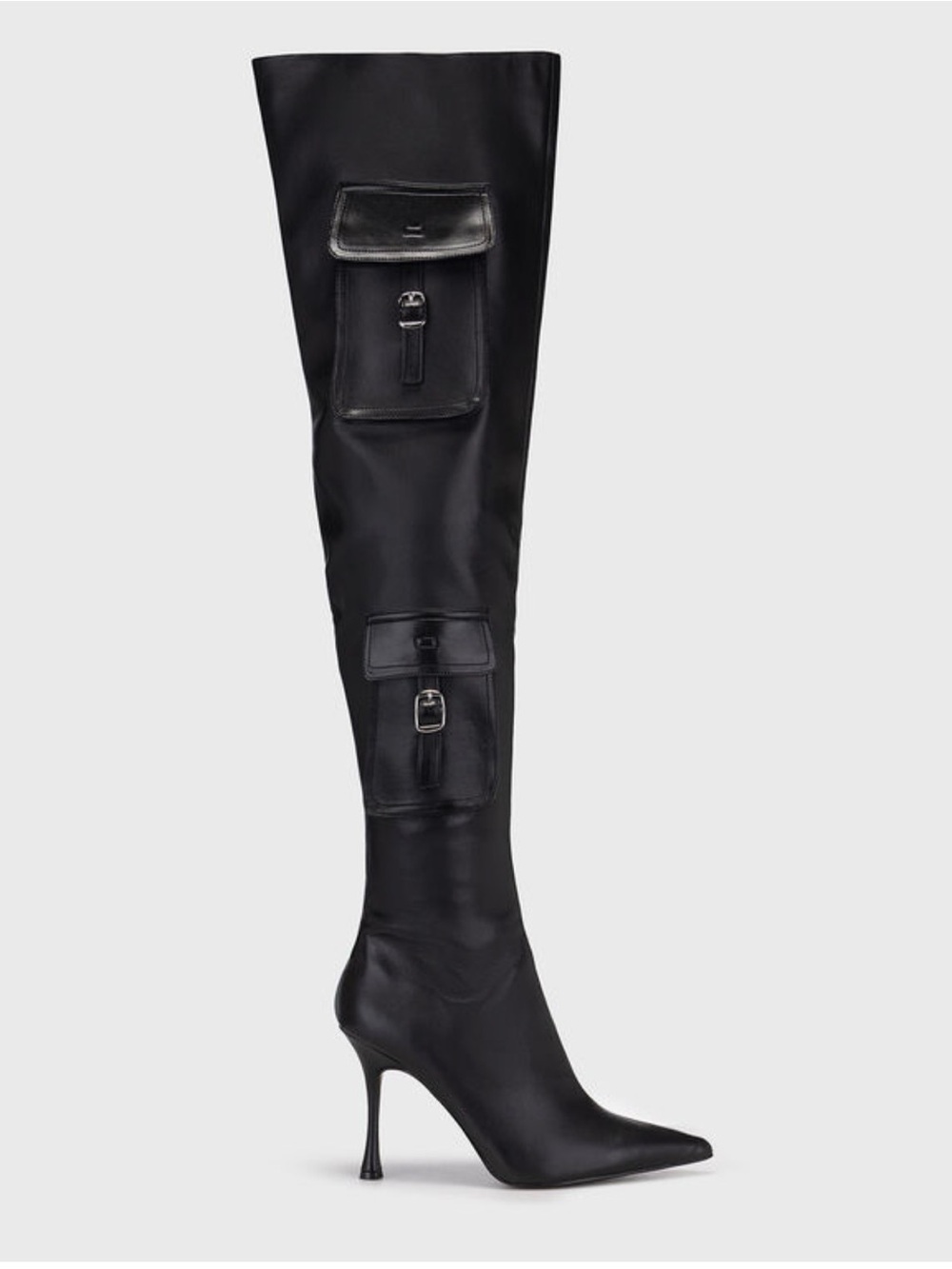 Steve Madden Black Over-the-Knee Pointed Stiletto Boot with Buckle Pockets
